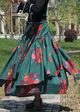 Style Green Asymmetrical Print Elastic Waist A Line Skirt Fall