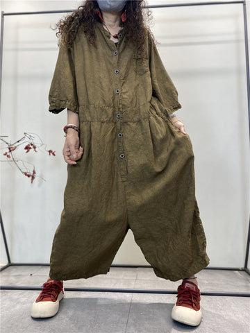 Women Summer Retro Solid Button Pocket Loose Jumpsuits