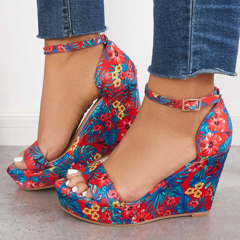 Printed Floral Style Platform Wedges Ankle Strap Sandals