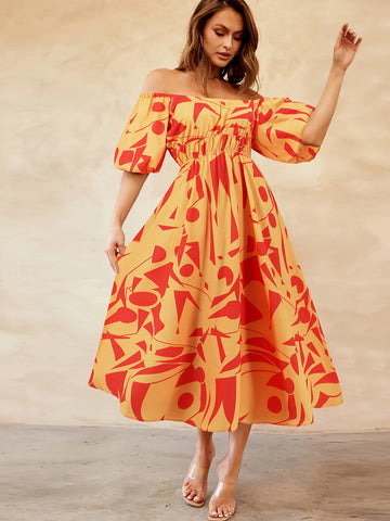 Tropical Off-Shoulder Balloon Sleeve Dress