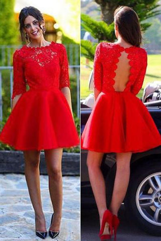 Half Sleeves A-line Homecoming Dress Backless Lace Short Prom Dresses