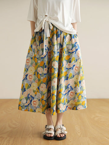 Summer Women Artsy Flower Drawstring Pocket Skirt
