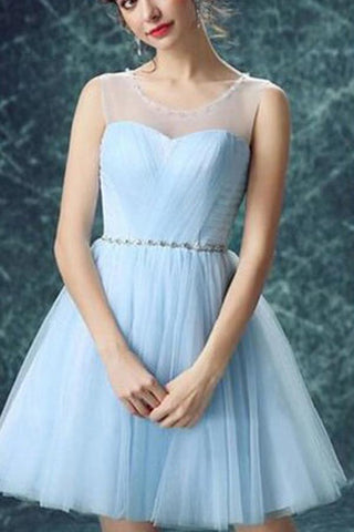 Attraktives hellblaues Illusionstüll-Hübsches Homecoming-Kleid Kurze Ballkleider 
