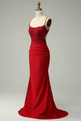 Mermaid Spaghetti Straps Dark Green Long Prom Dress with Appliques