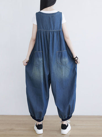 Women Summer Solid Frayed Pleat Pocket Vest Denim Jumpsuits