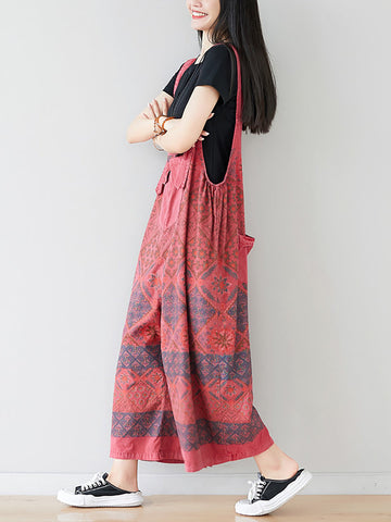 Women Ethnic Print Pocket Button Loose Wide-leg Jumpsuits