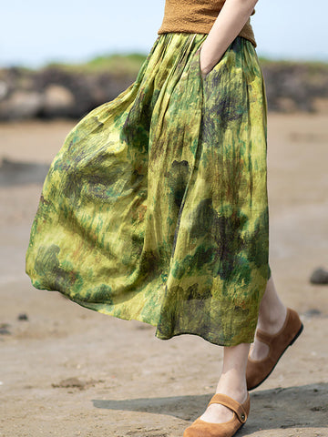 Plus Size Women Summer Vintage Ink-print Pleat Pocket Ramie Skirt