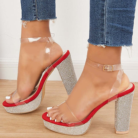 Rhinestone Chunky Block High Heels Ankle Strap Sandals