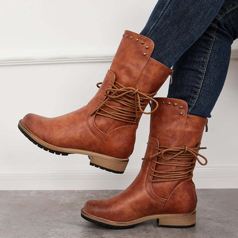 Brown Mid Calf Riding Boots Wide Calf Western Cowboy Boots