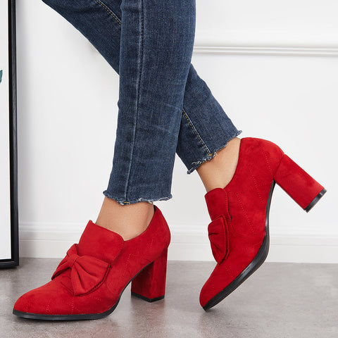 Bowknot Pointed Toe Chunky High Heel Pumps Slip on Dress Shoes