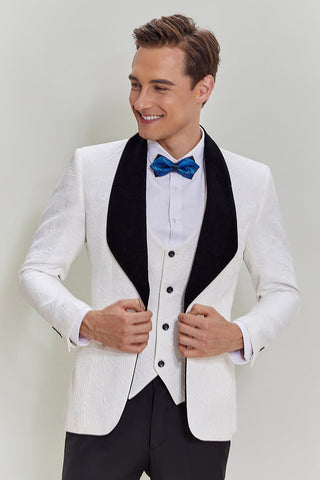White Jacquard 3 Piece Men's Suits with Shawl Lapel