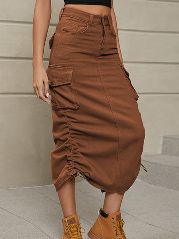 Khaki Buttoned Drawstring Pockets Solid Color Split-Side A-Line Skirts Bottoms