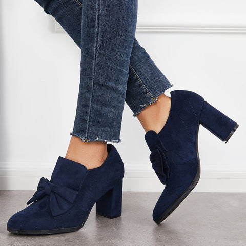 Bowknot Pointed Toe Chunky High Heel Pumps Slip on Dress Shoes