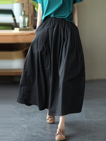 Women Summer Casual Solid Stitching Pocket Loose Skirt