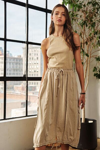 Drawstring Sleeveless Washed Beige Resort Dress