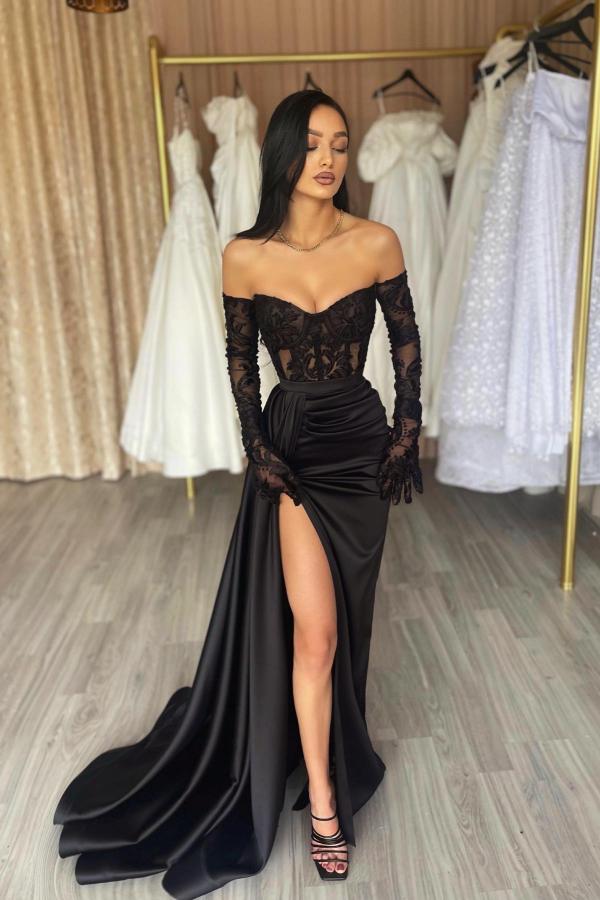 Bmbridal Black Lace Evening Dress Mermaid Split With Gloves