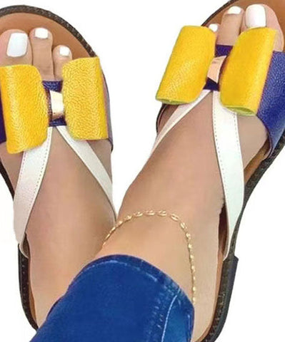 0508Yellow Peep Toe Faux Leather Vintage Splicing Bow Slide Sandals