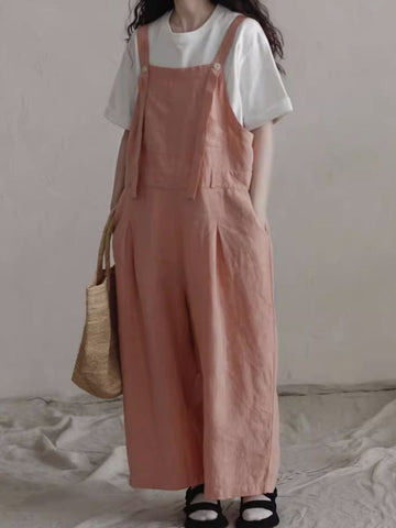 Women Summer Solid Casual Loose Straight-leg Linen Jumpsuits
