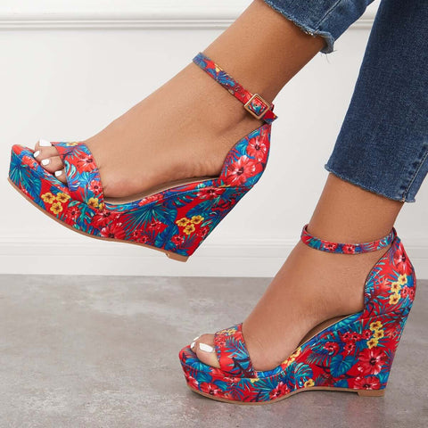 Printed Floral Style Platform Wedges Ankle Strap Sandals