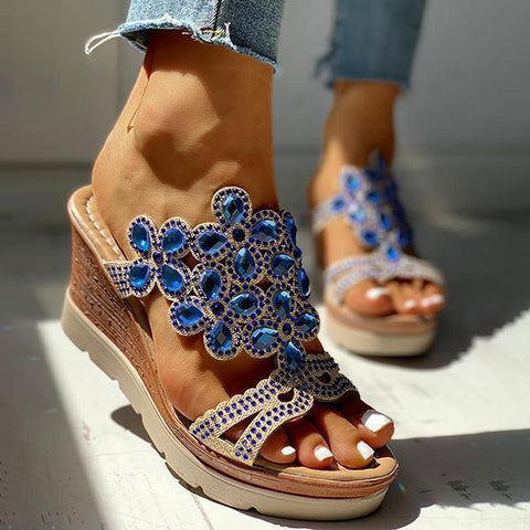 Rhinestone Embellishment Platform Wedges Slip-on Sandals