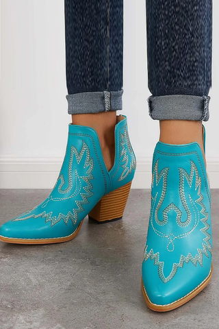 Western Ankle Cowgirl Boots Slip on Cutout Chunky Heel Booties