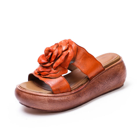 Women 2022 Vintage Leather Floral Platform Slippers