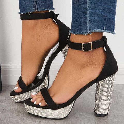 Rhinestone Chunky Block High Heels Ankle Strap Sandals