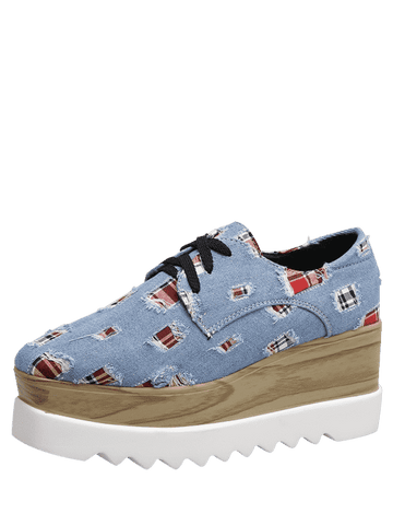 Stunning Plaid Denim Square Toe Wedge Shoes