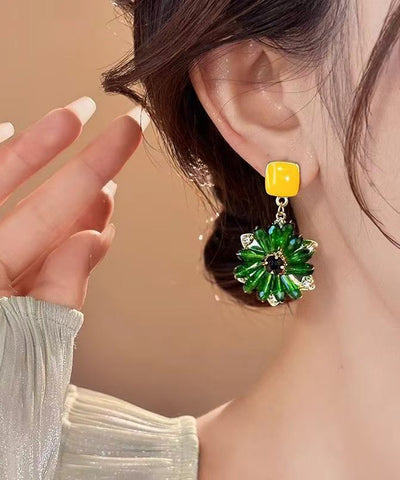 Classy Yellow Copper Overgild Crystal Floral Drop Earrings