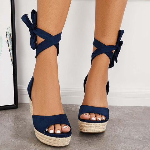 Lace up Espadrille Heel Platform Wedges Ankle Strap Sandals