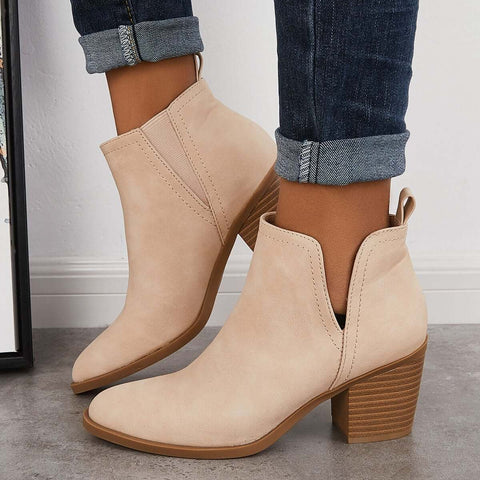 Cutout Western Ankle Cowboy Boots Chunky Stacked Heel Booties