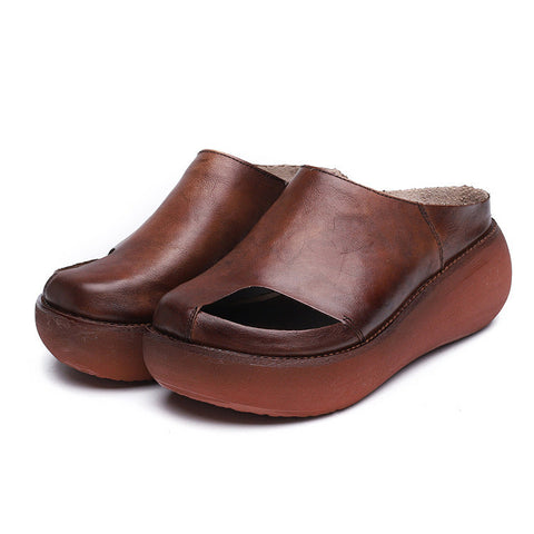 2022 Retro Women Leather Wedge Slippers