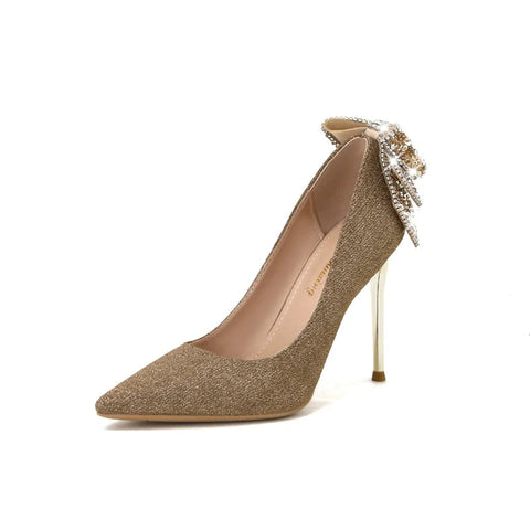 Gold bow crystal high heels slim heels shallow mouthed pointed toe single shoes fashionable French rhinestone wedding shoes