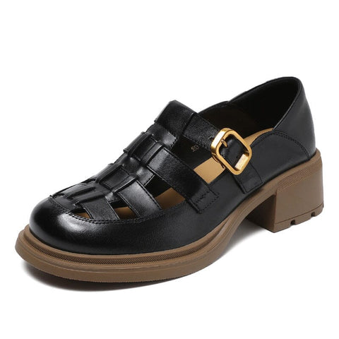 Women Summer Retro Plaited Leather Chunky Heel Sandals