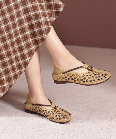 Beige Schuhe für Plattfüße, Rindsleder, modische, ausgehöhlte Schuhe für Plattfüße