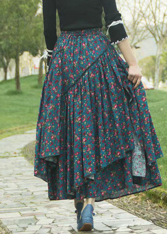 DIY Grey Green Asymmetrical Floral Print Tie Waist Long Skirt Fall