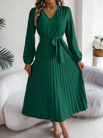 Plissiertes, gebundenes Midikleid mit V-Ausschnitt und langen Ärmeln