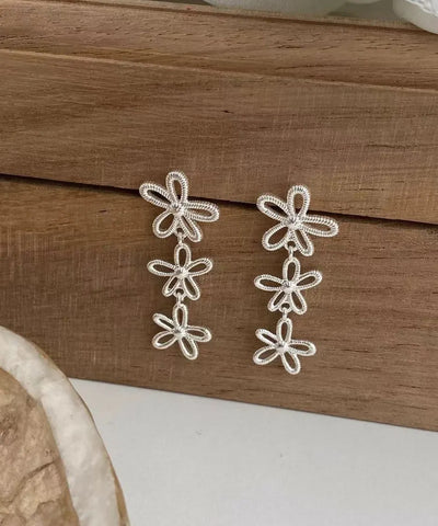 Fine Silk Copper Silver-Plated Hollow Out Floral Drop Earrings