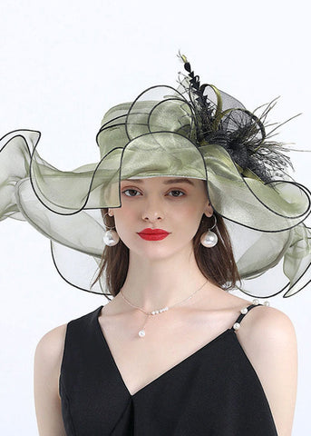 Art Hellgrüner Organza-Schlapphut mit Blumenmuster