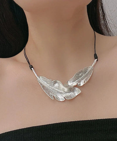 Boutique Silk Metal Feather Leather Rope Pendant Necklace