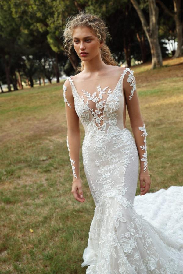 BMbridal Long Sleeves Mermaid Wedding Dress Lace Applqiues Bridal Wear