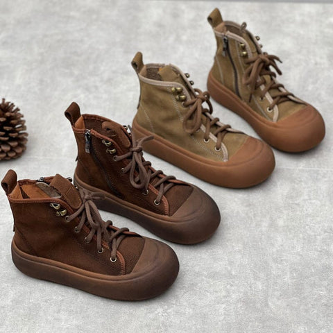Damen Herbst Retro Leder Flache Stiefeletten