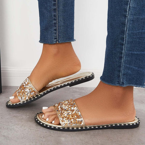 Rhinestone Slip on Flat Sandals Sparkly Slippers