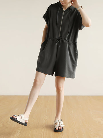 Women Summer Casual Solid Drawstring Cotton Hooded Jumpsuits