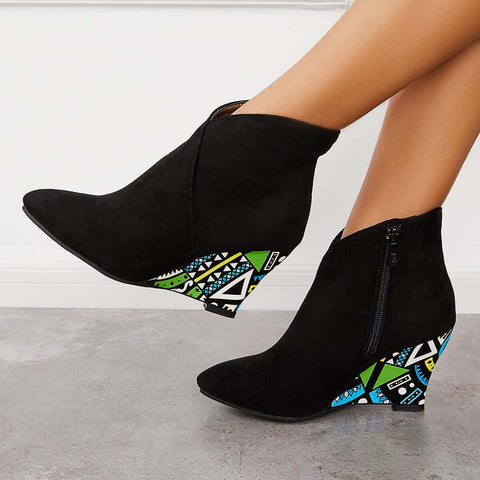 Suede Wedge High Heeled Ankle Boots Pointed Toe Dress Booties