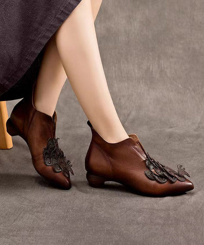 Handmade Retro Coffee Cowhide Leather Pointed Toe Ankle Boots