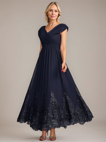A-line V-Neck Ankle-Length Chiffon Mother of the Bride Dress With Applique Sequins