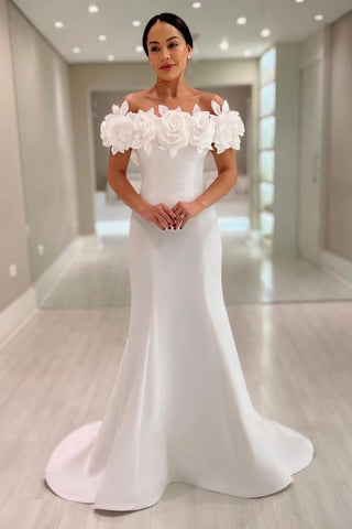 Glamorous Mermaid Off-The-Shoulder Satin Prom Dresses with Flowers