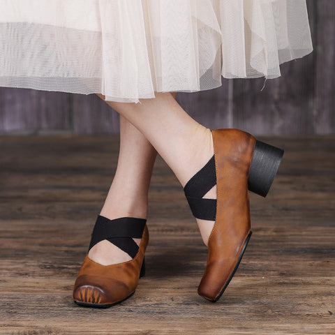Women Retro Cowhide Leather Pumps Casual Shoes