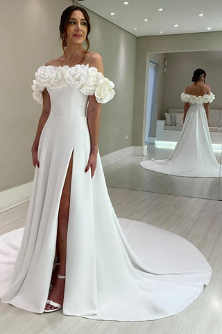 Gorgeous A-Line Chapel Train Off-The-Shoulder Satin Wedding Dresses with Slit